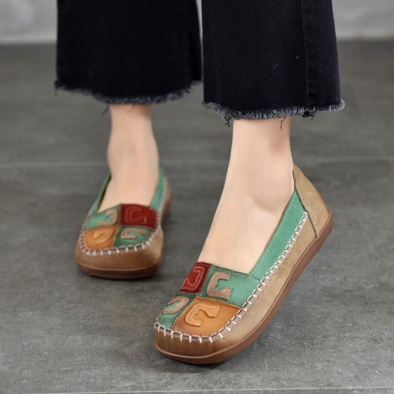 Johnature Vintage Mieszane Kolory Ręcznie Robione Damskie Buty Miękka Podeszwa Płytkie Prawdziwej Skóry Kwadratowe Noski Płaskie Buty
