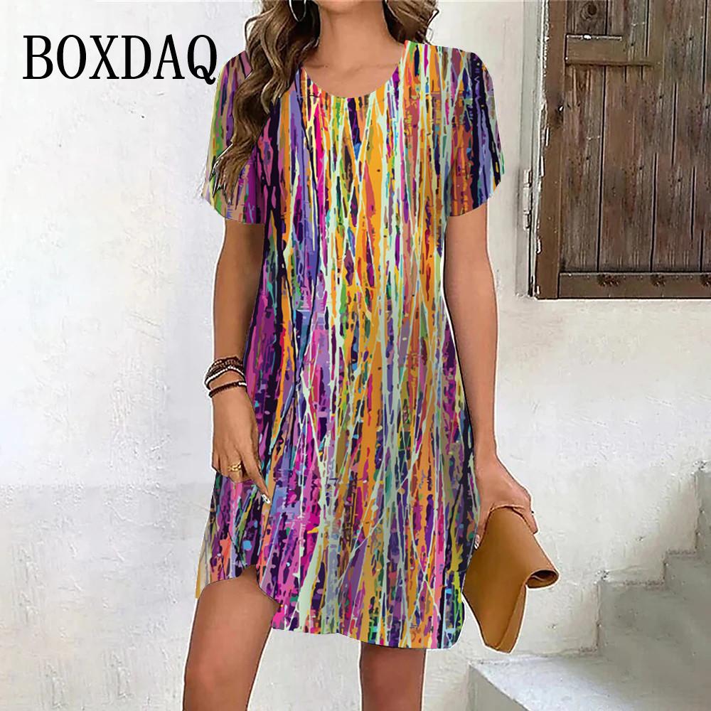 New Summer Fashion Gradient Rainbow Stripe Short Sleeve Dresses For Women Casual O-Neck Print Loose Party Clothes