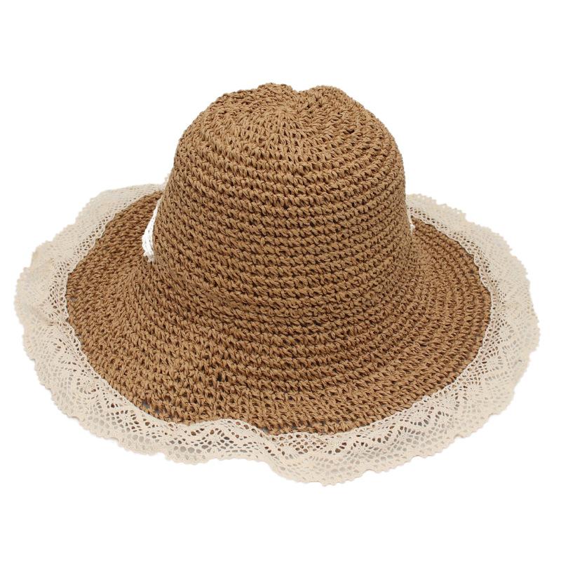 Large Brim Lace Straw Hat Women'S Sunshade Sunscreen Hat Foldable Windbreak Rope Light Casual Elegant Hat