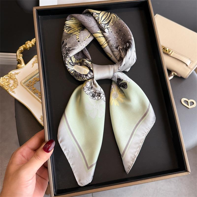 Spring and Summer Sweet Flower Cluster Printed Silk Scarf Square Scarf High-end Shawl Sunscreen Neck Small Square Scarf Headscarf Women's Scarf