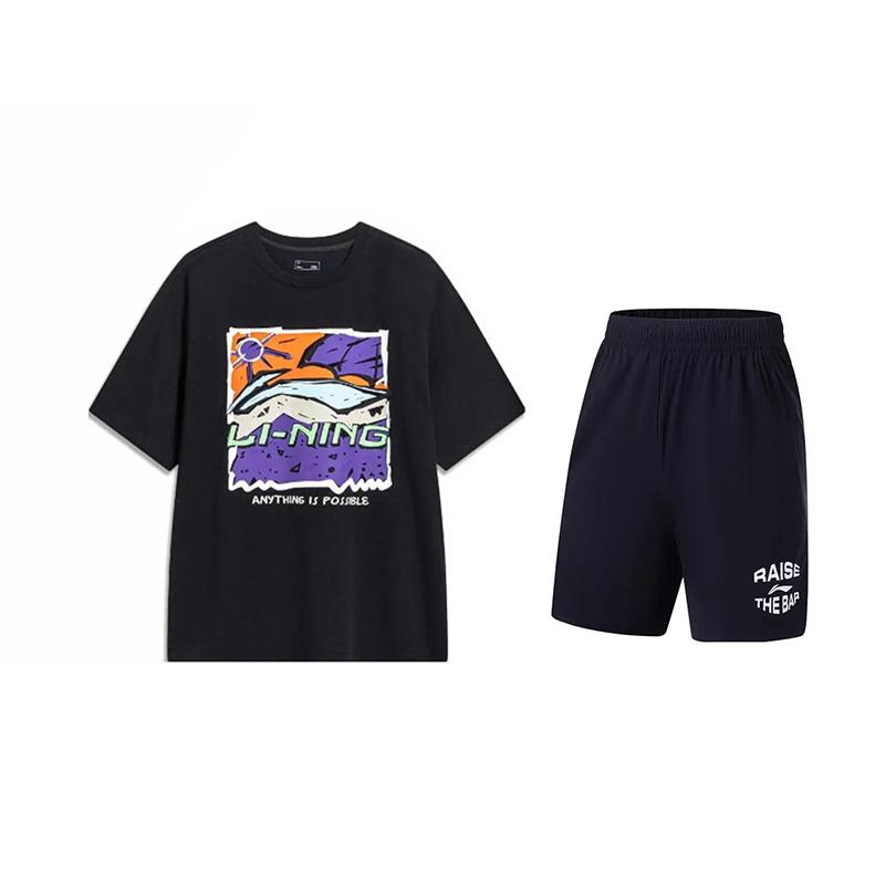 

Li-Ning Fashion Cartoon Print Short Sleeve T-Shirt And Mid Waist Elastic Shorts Casual Sports Set Unisex sets Black AHST543-2+AKYT073-1 M