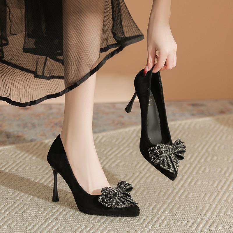 Bow rhinestone black suede high heels socialite temperament shallow mouth thin heel not tired feet single shoes waterproof table