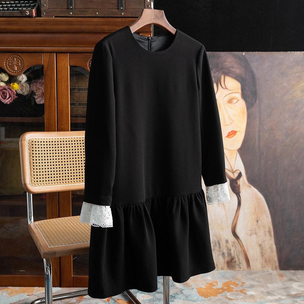 In Stock: High-End Women's Elegant Ruffle Lace Sleeve Slit Acetate Little Black Dress MG091