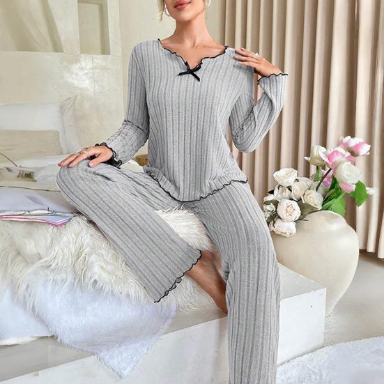 2Pcs/Set Women Pajamas Set V-Neck Long Sleeve Lace Trim Tops Elastic Waist Long Pants Set Solid Color Ribbed Sleepwear