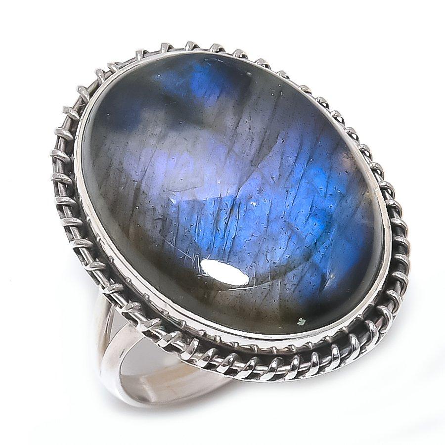 Natural Labradorite Gemstone Handmade 925 Solid Silver Jewelry Ring Size 9 u1S42