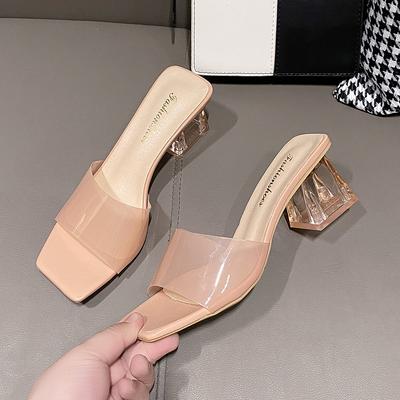 Fashion Crystal Clear Transparent Slippers Female Shoes Middle Heels Comfortable New Summer Women Shoes Woman Fashion Cool Mules Slides