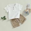 Baby Boys Summer 2-piece Outfits Solid Color Short Sleeve T-shirt with Breast Pocket and Casual Elastic Shorts Set