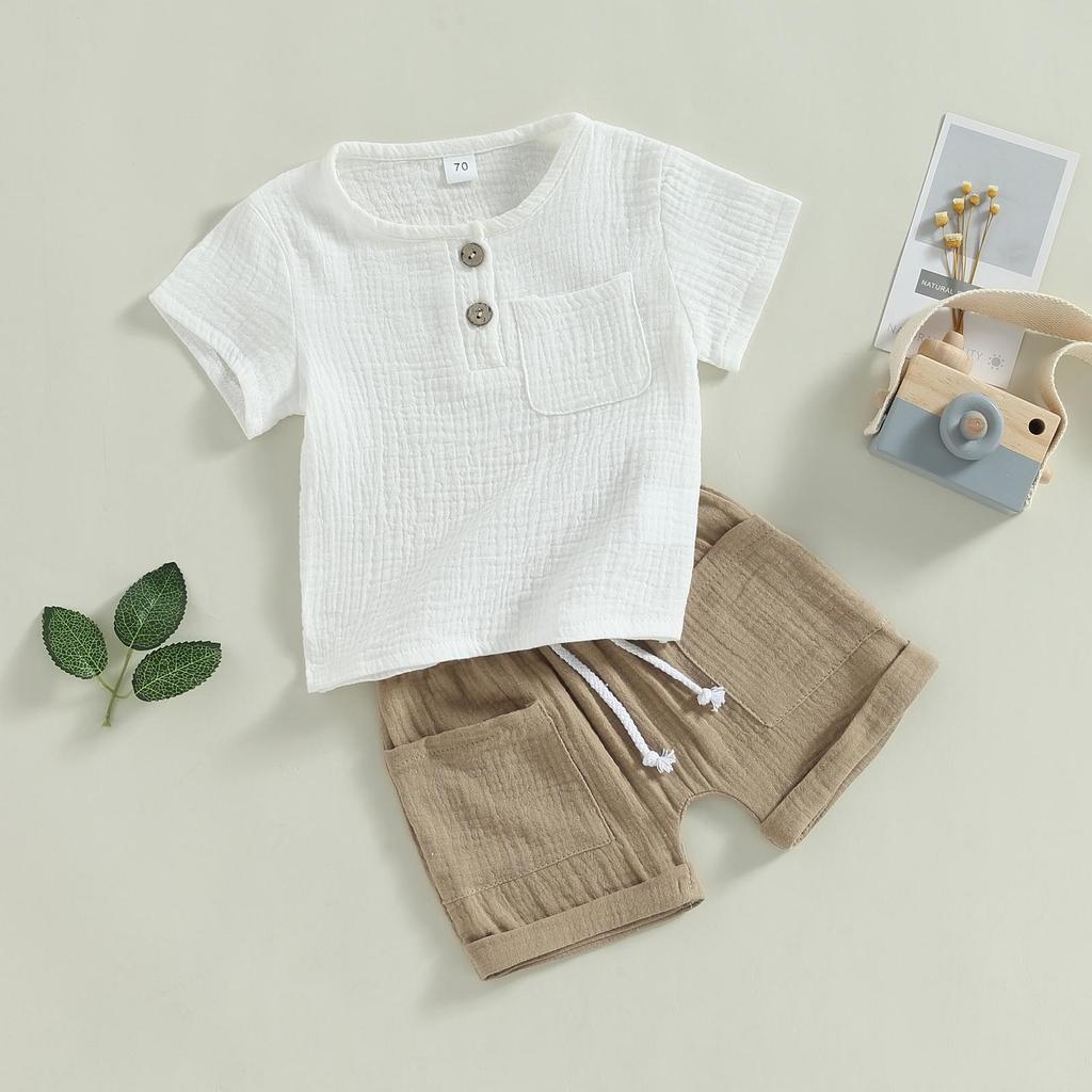 Baby Boys Summer 2-piece Outfits Solid Color Short Sleeve T-shirt with Breast Pocket and Casual Elastic Shorts Set
