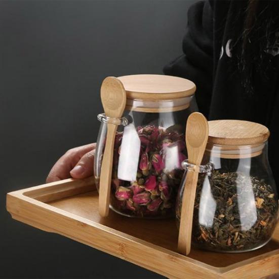 Large Capacity Transparent Glass Storage Jar with Spoon Airtight Container for Snacks Grains Tea Beans Pantry Organizer
