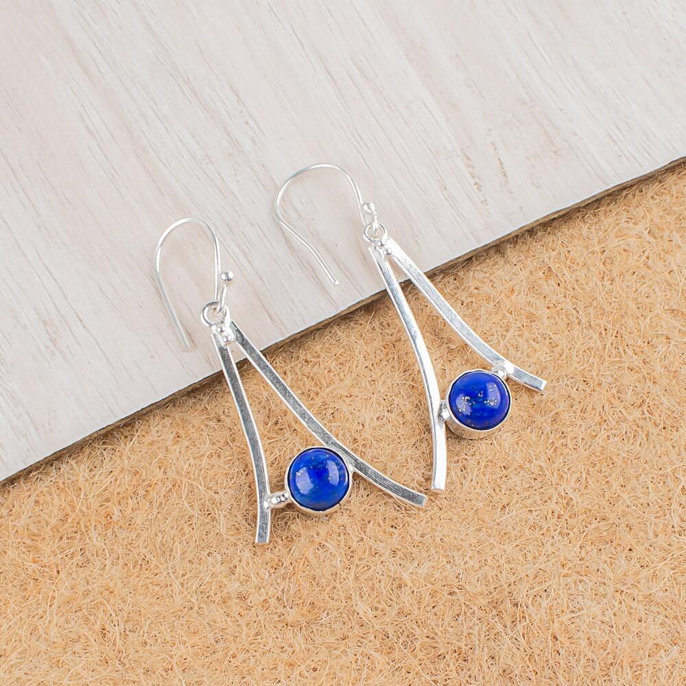 Lapis Lazuli Gemstone 925 Sterling Silver Handmade Dangle/Drop Earrings 1.45" EE-66-23