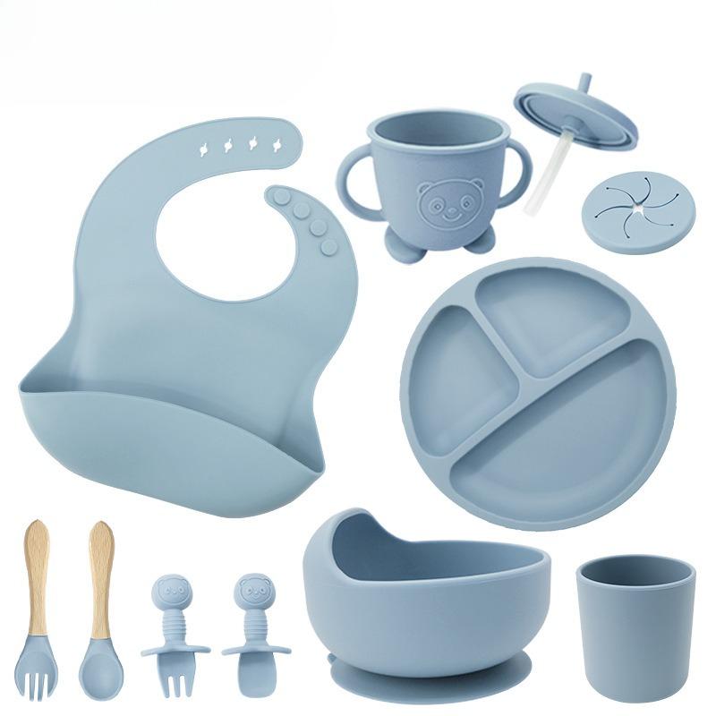 Children's silicone feeding tableware set, with suction cups on the bottom, 10 pieces