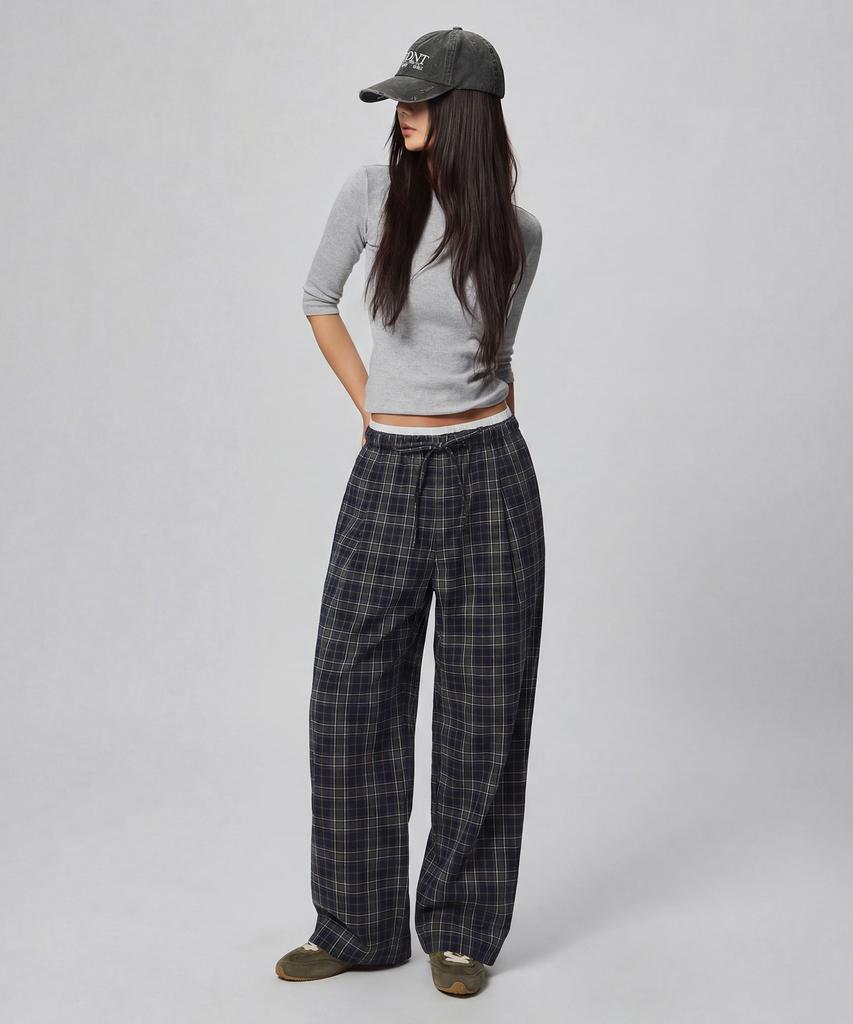 Beodeonteu Check Layered Single-Pleat Wide Pants [Green]