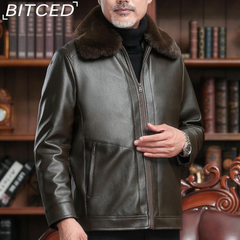 

BITCED Winter Men s Middle-Aged and Elderly Clothing Fleece-Lined Leather Business Warm Leather Jacket 62