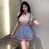 Summer New Women'S Maidservant Dress Blue Plaid Sexy Cute Sweet Lolita Temptation Bowtie Decoration Lace Perspective Dress Kwq2