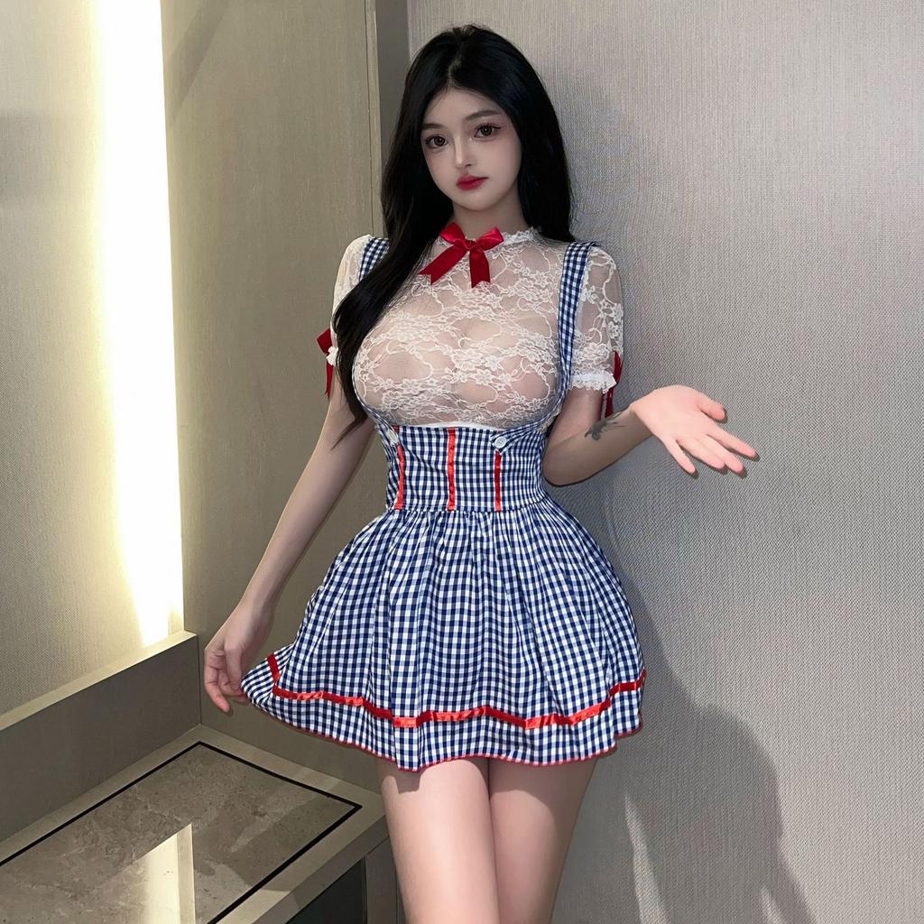 Summer New Women'S Maidservant Dress Blue Plaid Sexy Cute Sweet Lolita Temptation Bowtie Decoration Lace Perspective Dress Kwq2