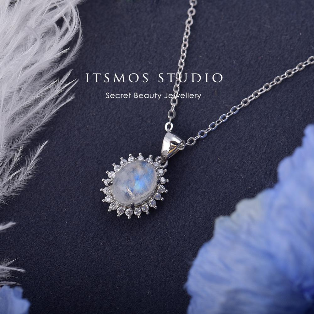 ITSMOS Natural Moonstone Silver Pendant Necklace Blue MoonLight Gemstone Necklace for Women Romantic Dainty Jewelry серебряный
