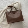 Korean Version Large Capacity Solid Color Faux Leather Tote Bag Fashion Vintage Commute Simple Shoulder Bag