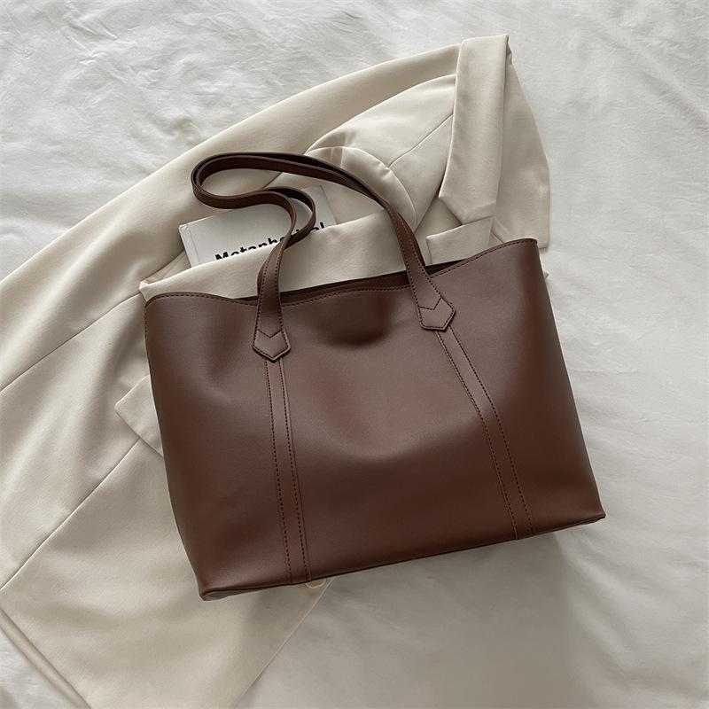 Korean Version Large Capacity Solid Color Faux Leather Tote Bag Fashion Vintage Commute Simple Shoulder Bag