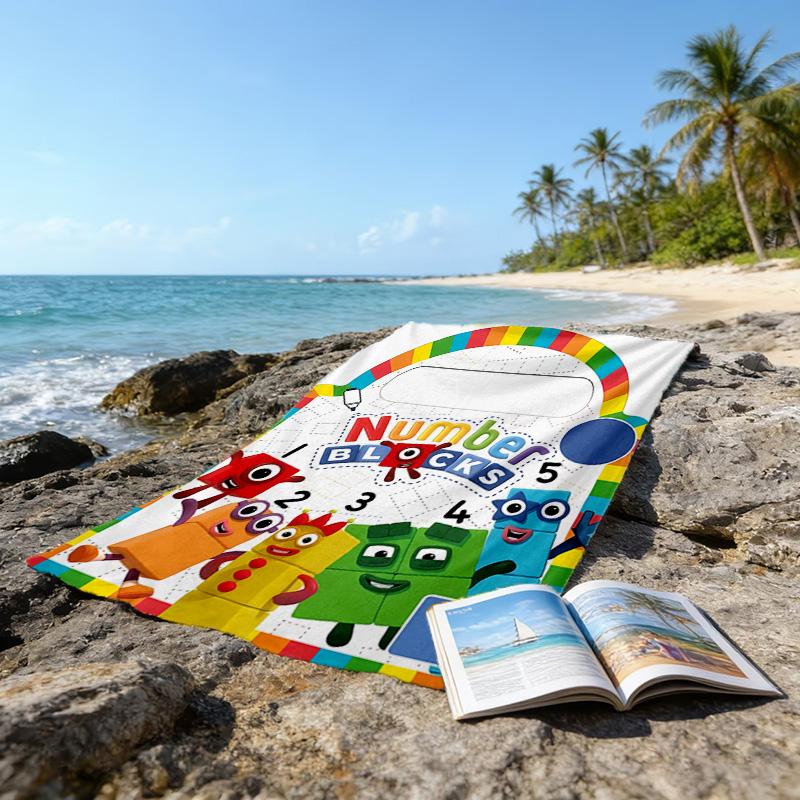 1pc 3D-Number-Blocks-Cartoon Beach Towel, Sports Cape, Beach and Seaside Swimming Pool Equipment, Fashion Pattern, Rectangular, Travel Essentials