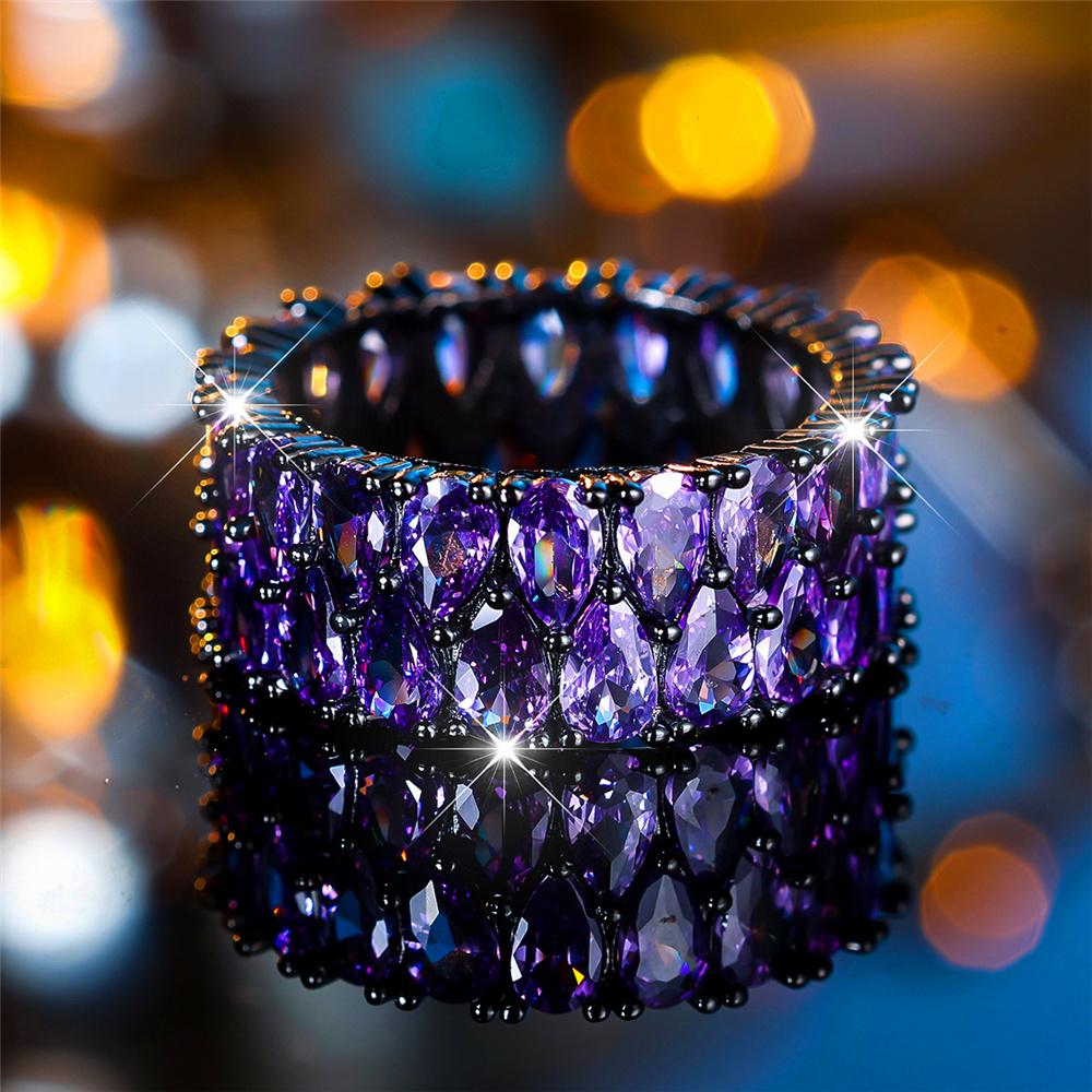 Luxuriöser Damen Kristall Lila Blauer Zirkonstein Verlobungsring Vintage Schwarzgold Farbe Wassertropfen Hochzeitsschmuck Für Frauen