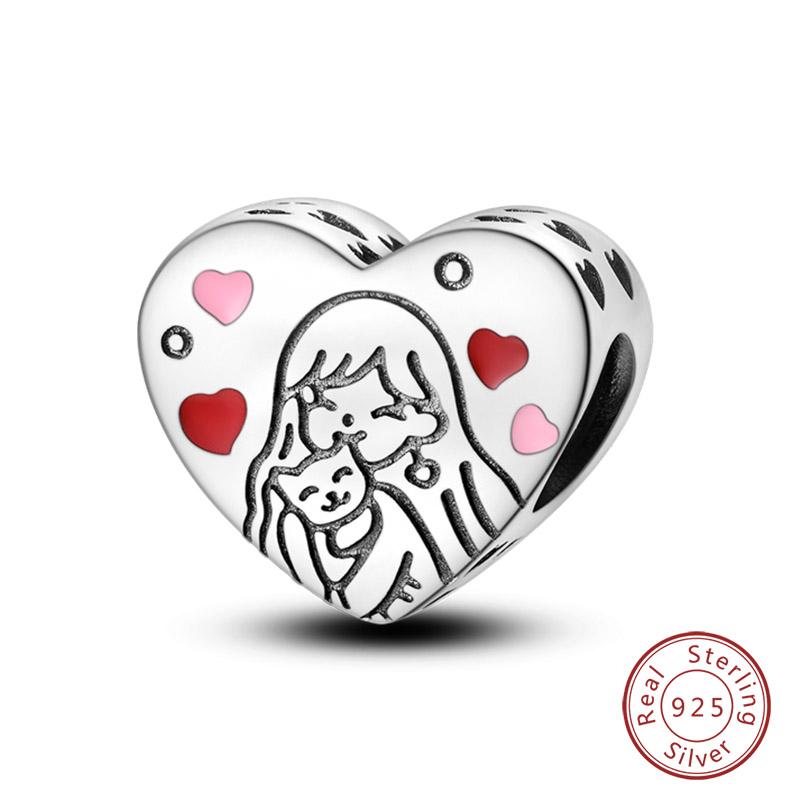 I Love My Pets Charms Beads 925 Silver Heart Shaped Pink Zircon Claws Pendants Fit Bracelets Fine DIY Birthday Jewelry