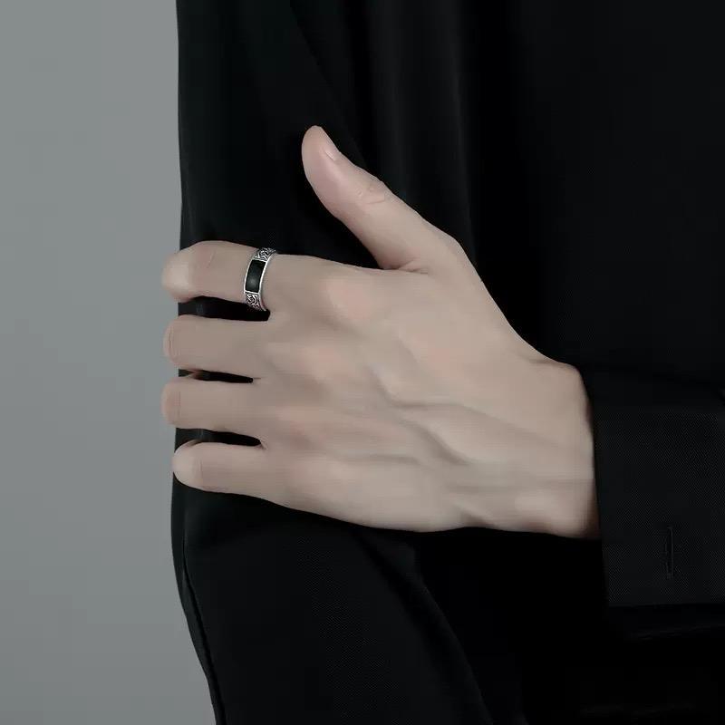 925 Sterling Silver Rings for Women Men Couple Minimalist Handmade Simple Black Stone Ring Party Jewelry Gift Prevent Allergy