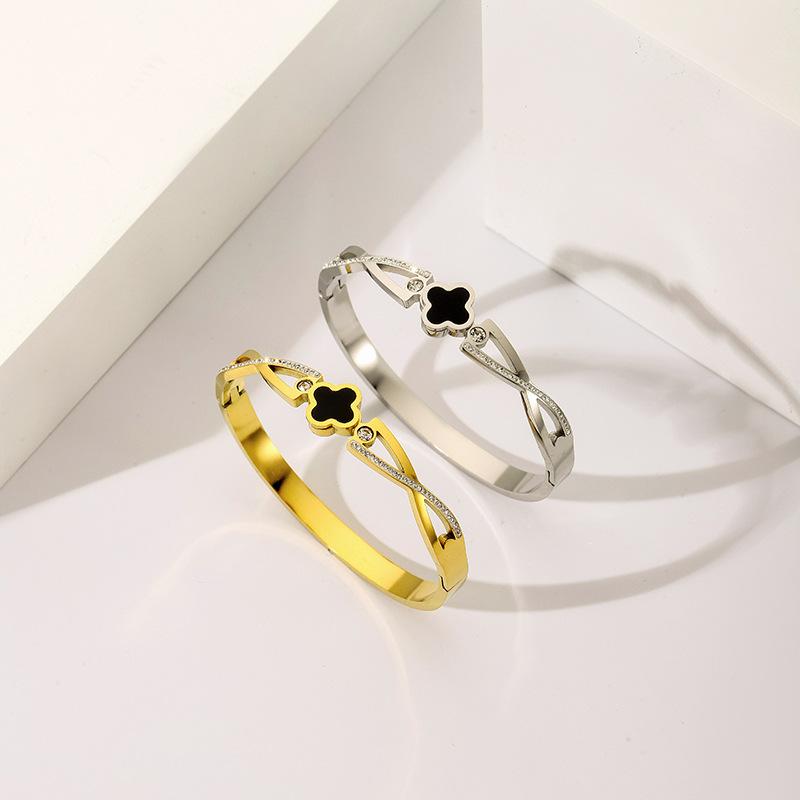 Браслет из четырех листьев травы Премиум-класса из розового золота с бриллиантами, легкий роскошный наконечник из титановой стали