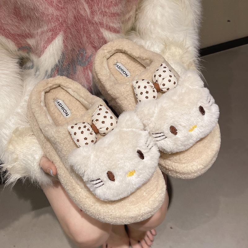 2025 autumn and winter solid color sweetheart bow kt cat hair slippers women's new cute cartoon outer cotton slippers