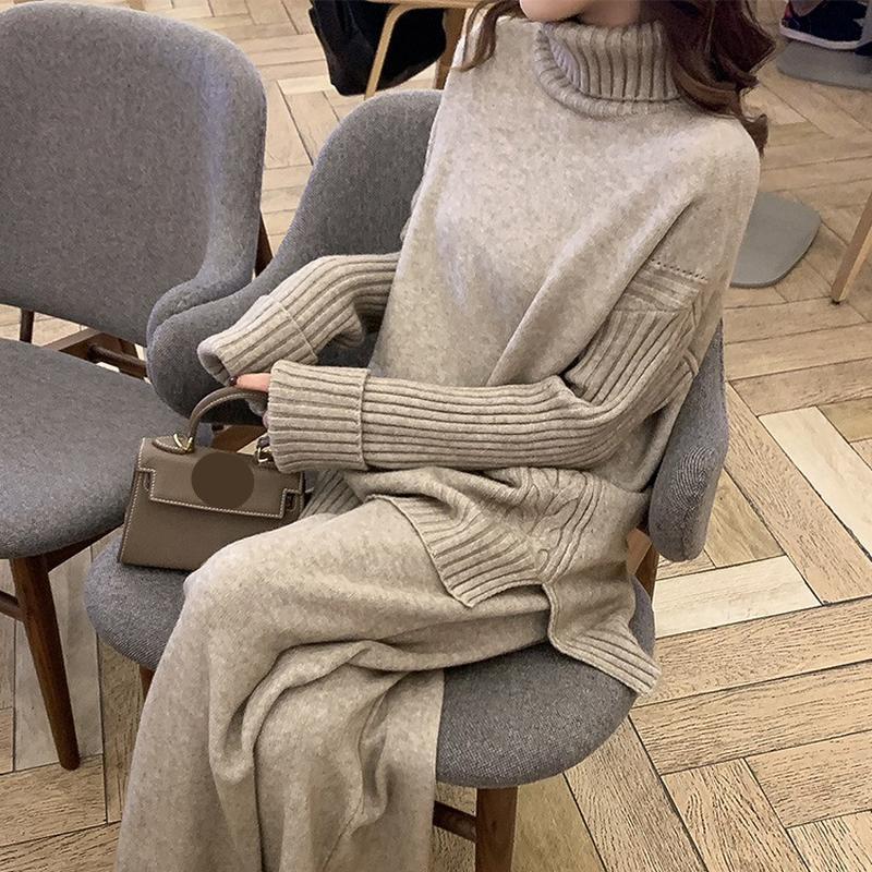 Completo da donna autunno e inverno con collo alto, ampio, pigro e spesso, maglione caldo, completo da due pezzi, pantaloni a gamba larga lavorati a maglia