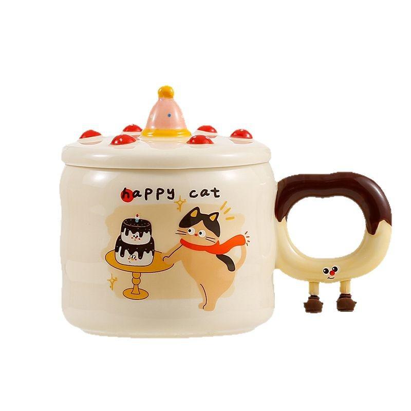 Cute Cartoon Cat Birthday Cake Mug with Lid Souvenir Gift Water Cup Puppy Ceramic Cup Coffee Cup