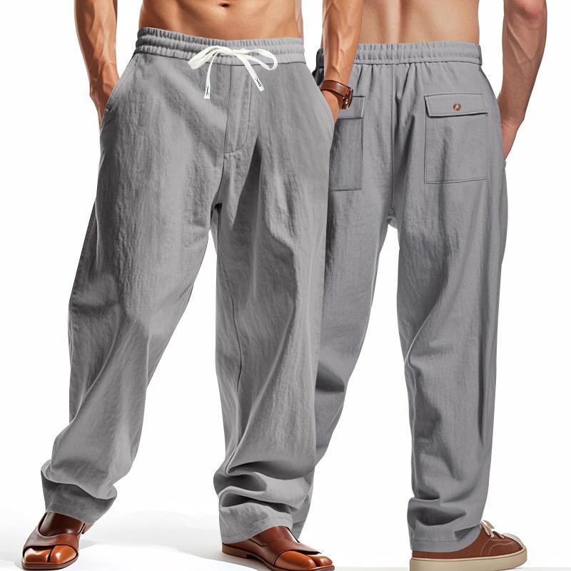 Herren Leinen Weite Beine Cargohosen Kordelzug Elastischer Bund Mehrere Taschen Freizeit Hosen