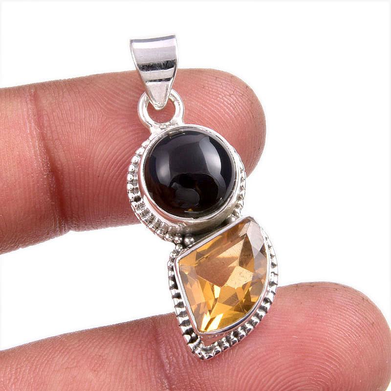 

Natural Black Onyx,Citrine Gemstone Handmade 925 Solid Silver Pendant 1.50 Q8t20