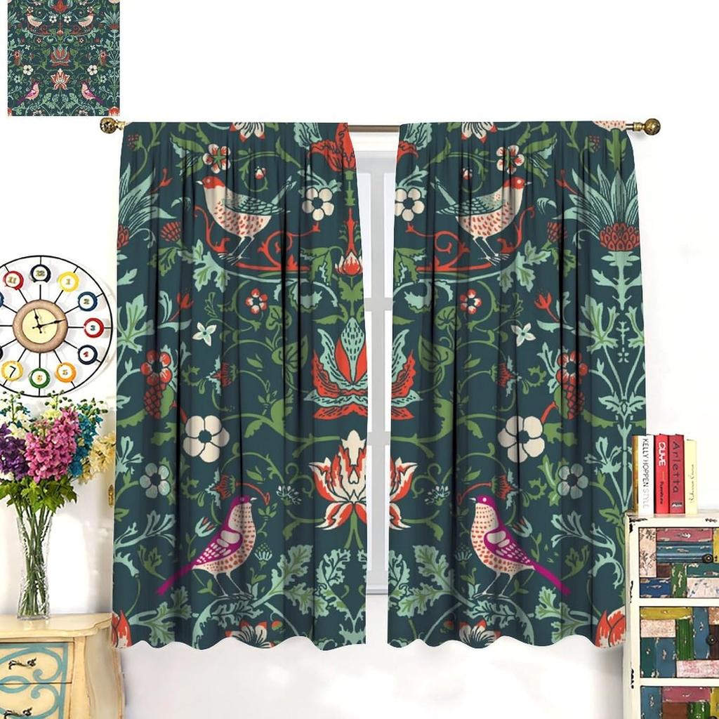 Farmhouse Rustic William Morris Curtains Botanical Floral Bird Retro Pattern Window Treatments Living Room Bedroo Curtain Blackout Polyester Ideal For