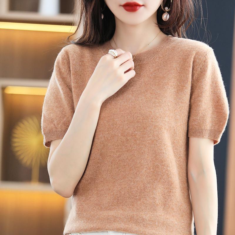 VEZFAA Dámská móda Ležérní podzim Zima Jednobarevné svetry s krátkým rukávem a výstřihem do O