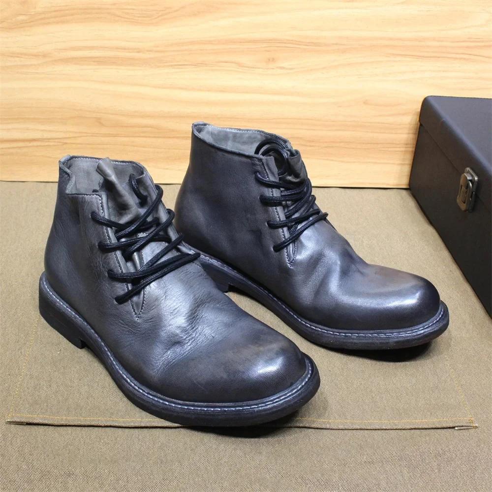 Fashion British Style Mens Ankle Boots Soft Calf Real Leather Handmade Motorcycle Boots Leather Sole Comfortable Lace Up Winter Footwear