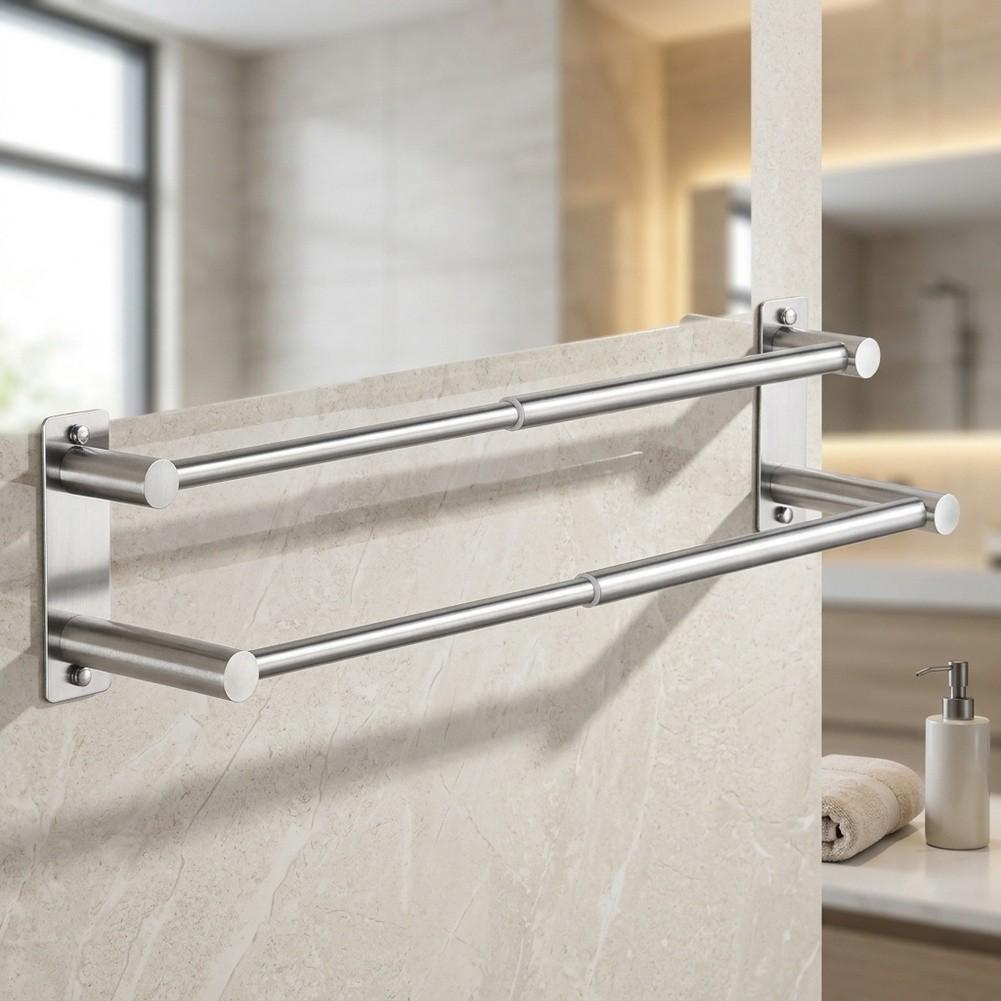 Brushed Nickel Stainless Steel Double Towel Bar Built for Durability and Functional Design In Compact Bathrooms and Small Spaces