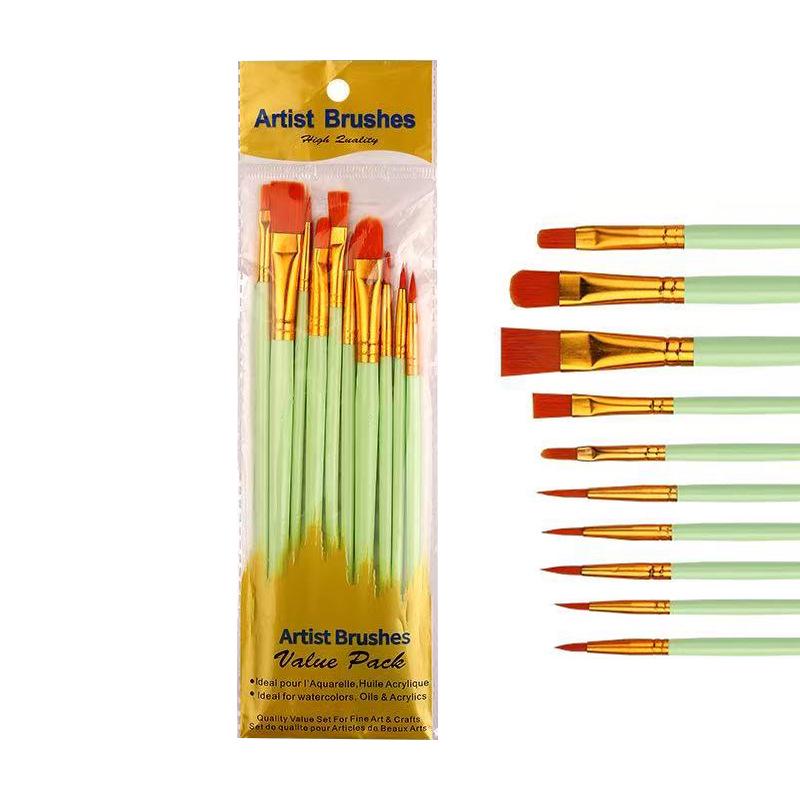 10-Piece Nylon Hair Paint Brush Set with Pearlescent Handles for Oil, Acrylic, Watercolor, and Gouache