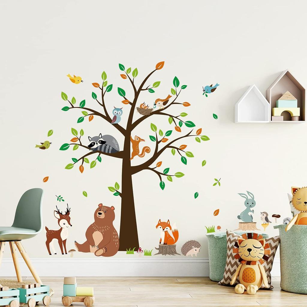 decalmile Woodland Animal Tree Wall Decals Bear Fox Deer Wall Stickers Kids Baby Nursery Bedroom Playroom Wall Decor