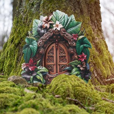 Decoração de porta de elfo de jardim de fadas de madeira, ornamento de porta de elfo em miniatura para exterior, mundo de conto de fadas, estatueta de porta de casa minúscula, estátua, escultura