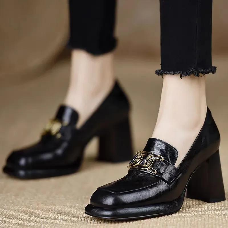 FHC New Soft Women Pumps,Fashion High Heels,Loafers Shallow Shoes,Square Toe,Slip On,British Style,Black,Beige,Dropship