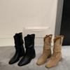 Lazy Stylish Western Cowboy Boots Women's Pointed Mid Boots Pleated Pile Boots Thick Heel Martin Boots