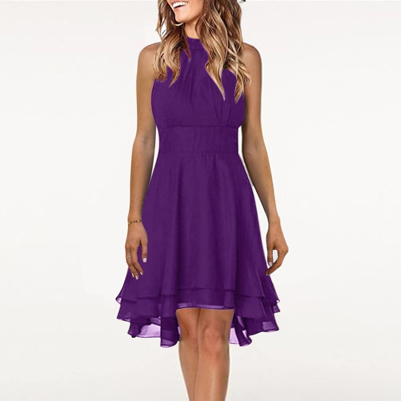 

Женское сплошное цветное сексуальное платье трапециевидной формы без рукавов с круглым вырезом и висячим вырезом M фиолетовый