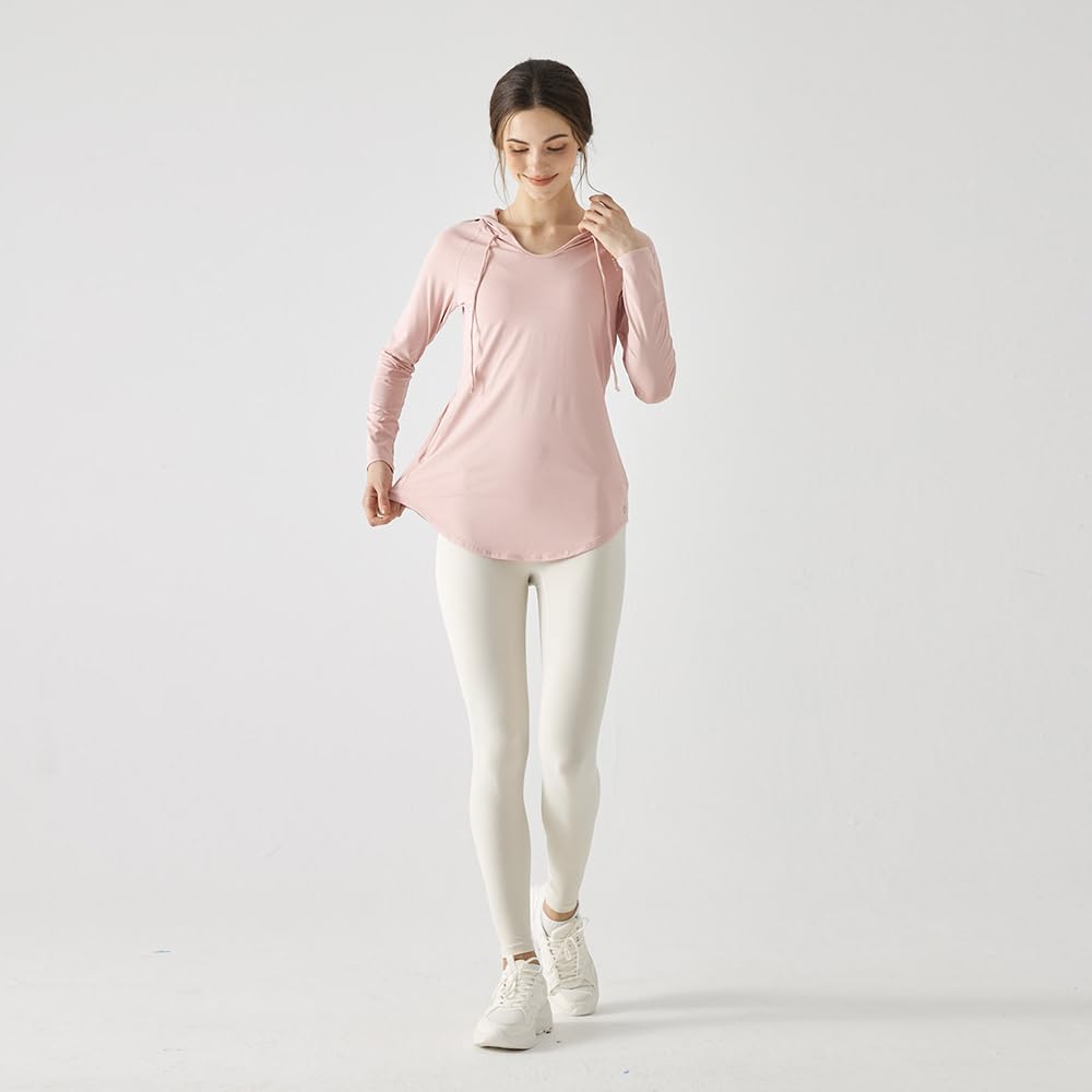 Yomoment Long Sleeve with Sun Round Perfect for Hot and White Women's T-Shirt Hood, Protection, V-Neck, Hem, Sweat-Wicking, Quick-Drying, Yoga,