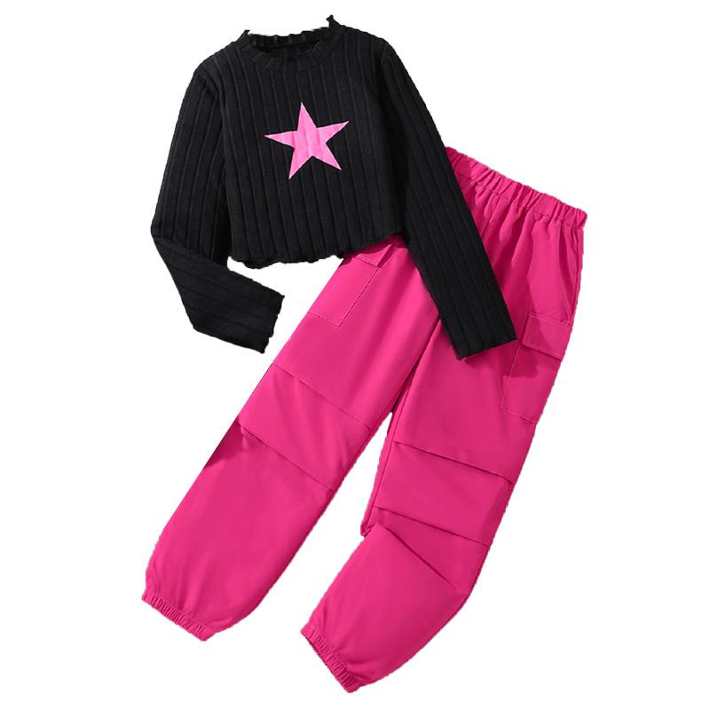 Spring Autumn Children Casual Clothing Outfits for Girls Black Pullover Hoodie and Rose Red Pants Sports Loose Comfortable Style Daily Suits