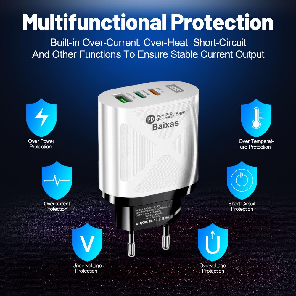 58W Dual Fast Charger with 2 PD+QC3.0 Ports, EU/US/UK/AU Plugs