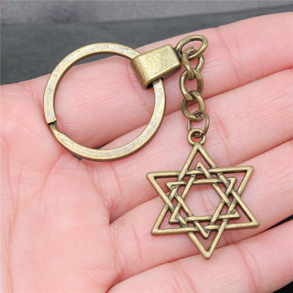 Star of David Talisman Amulet Pendant Antique Bronze Metal Keychain with 30mm Ring for Boys Bag Charm