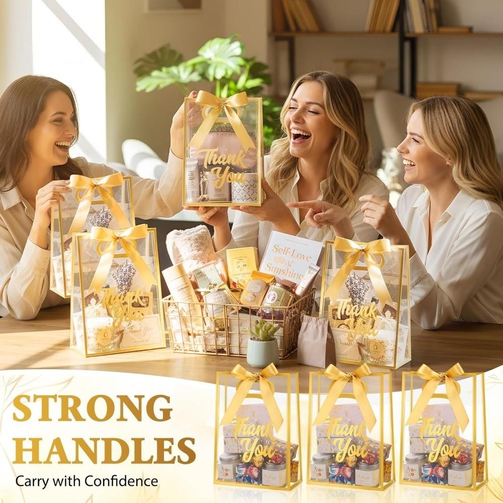 5Pcs Set Reusable Portable Favor Bag PVC Clear Gift Bag Die Cut Handles with Ribbon Flower Bag