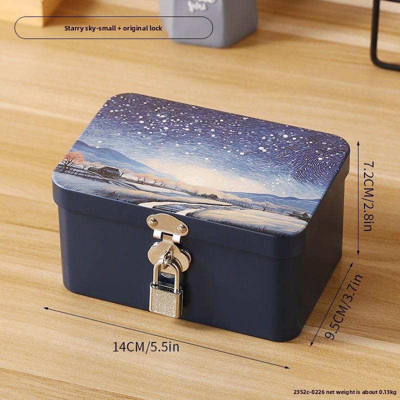Retro Tinplate Box with Lock Key, Desktop Storage Box, Cosmetics, ID Storage, Household Jewelry Empty Box.