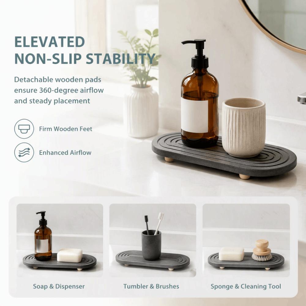 Dark Grey Diatomite Coaster Wooden Feet Absorbent Diatomite Sink Tray  Countertop Organizer