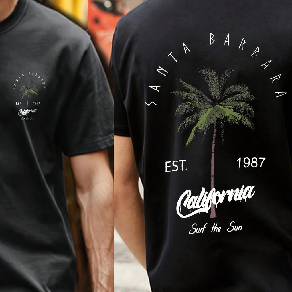 Mens Coconut Tree Graphic Tee Short Sleeve Alphabet Design Lightweight Summer Streetwear for Fashion Forward Style